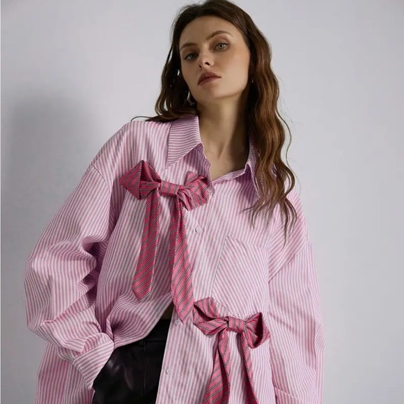 Bow Detail Oversized Striped Shirt Blouse - Picture 6 of 10